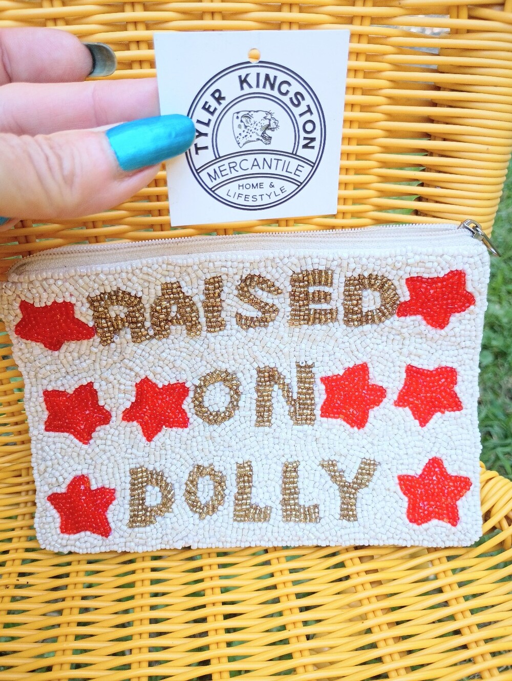 RAISED ON DOLLY (PARTON) BEADED STARS ZIP TOP 7X5 CLUTCH KINGSTON MERCANTILE NWT